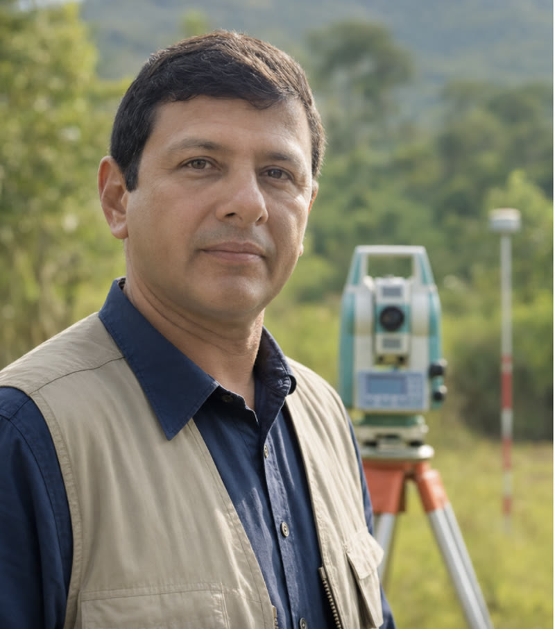 Diego Espinoza Salas in the field with a total station